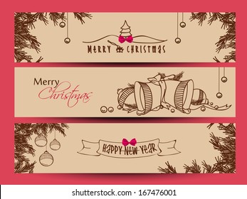 Website header or banner set design for Happy New Year 2014 and Merry Christmas with jingle bells, xmas balls on fir trees decorated brown background. 