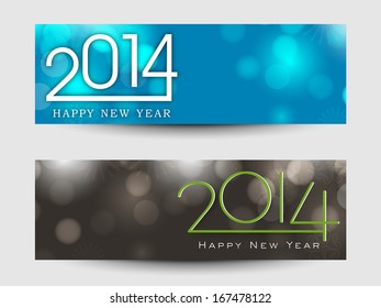  Website header or banner set design for Happy New Year 2014 celebration with stylish text on blue and green background. 