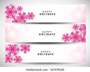  Website header or banner set design for Merry Christmas celebration with beautiful snowflakes on pink background. 