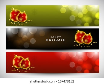  Website header or banner set design for Merry Christmas celebration with shiny red Xmas balls on green, brown and red background. 