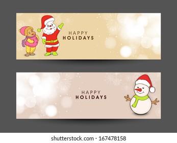  Website header or banner set design for Merry Christmas celebration with Santa Claus and Snowman. 