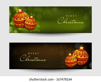  Website header or banner set design for Merry Christmas celebration with floral decorated Xmas ball on green and brown background. 