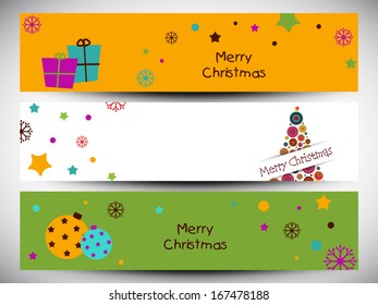  Website header or banner set design for Merry Christmas celebration with gift boxes, Xmas tree and Xmas ball. 