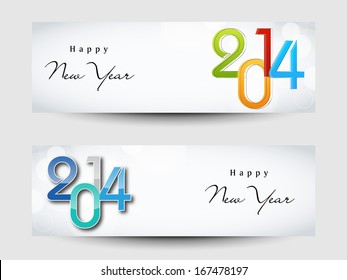  Website header or banner set design for Happy New Year 2014 celebration with colorful text on grey background.