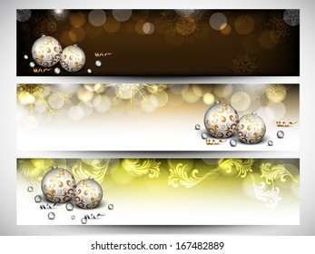  Website header or banner set design for Happy New Year 2014 celebration with shiny decorated Xmas ball on shiny background.  	