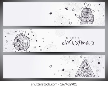  Website header or banner set design for Happy New Year 2014 celebration with floral decorated gift box, xmas ball and xmas tree on grey background. 