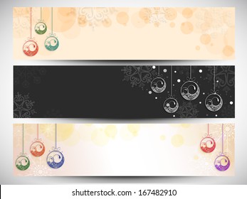  Website header or banner set design for Happy New Year 2014 celebration with hanging xmas ball on abstract background. 