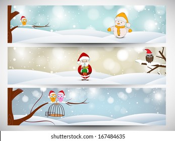  Website header or banner set design for Happy New Year 2014 celebration with snowman, santa claus and love birds on abstract background. 