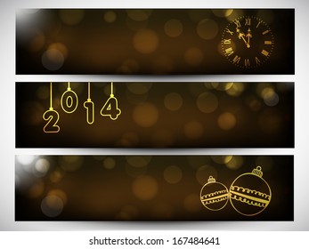  Website header or banner set design for Happy New Year 2014 celebration with golden text on brown background. 