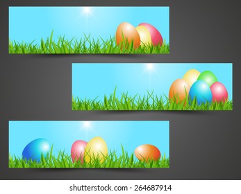 Website header or banner set with eggs on nature background for Happy Easter.
