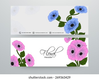 Website header or banner set with free space for your text decorated by floral design.