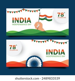 Website header or banner set in Indian flag and Ashoka chakra. India Independence Day Banner set