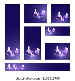 Website header or banner set with isometric view of laptop, smartphone and watch.