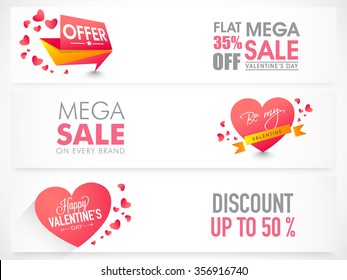 Website header or banner set of Mega Sale with Discount Offer for Happy Valentine's Day celebration.