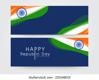 Website header or banner set with National Flag on blue background for Indian Republic Day celebrations.