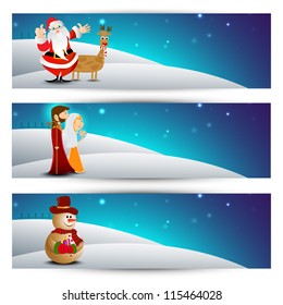 Website header or banner set with Santa, reindeer and  snow man. EPS 10.