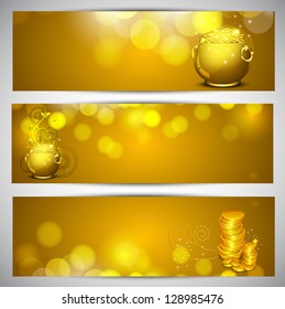 Website header or banner set for St. Patrick's Day celebration with golden pot and gold coins.