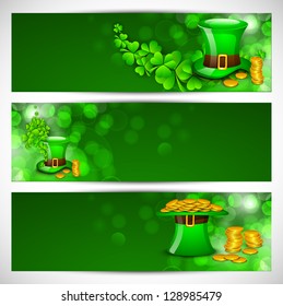 Website header or banner set for St. Patrick's Day celebration with leprechaun hat and gold coins.