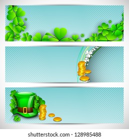 Website header or banner set for St. Patrick's Day celebration with gold coins, shamrock leaves and leprechaun hat.