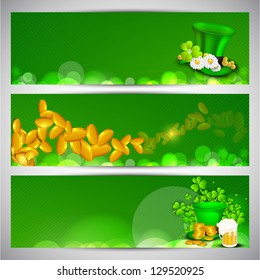 Website header or banner set for St. Patrick's Day celebration with gold coins, leprechaun hat,  beer mug and shamrock leaves.
