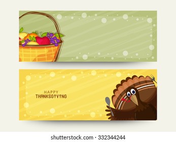 Website-Header oder Banner-Set mit Türkei Vogel und Früchte für Happy Thanksgiving-Tag Feier.