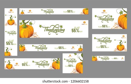 Website header or banner set, Upto 55%  discount offer with illustration of maple leaves and pumpkin on white background for Thanksgiving celebration.