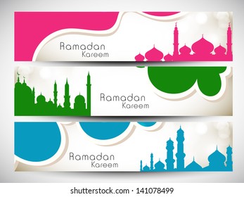 Website header or banner set with view of mosque on waves background for Ramadan Kareem,