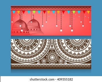 Website header or banner set wallpaper design based on Islamic Pattern and celebration scene for holy month of Muslim's Community Festival Ramadan Kareem or Eid Mubarak.
