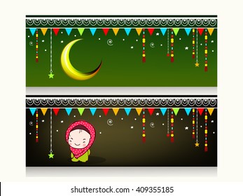Website header or banner set wallpaper design showing celebration for holy month of Muslim's Community Festival Ramadan Kareem or Eid Mubarak.
