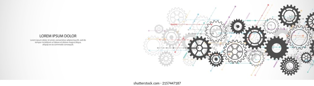 Website Header Or Banner Template With Cogs And Gear Wheel Mechanisms. Digital Technology And Engineering Design. Abstract Technical Background Of Mechanical Engineering