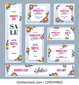 Website header, banner and template set with 50% discount offer and decorative paper flowers for Women's Day Sale. 