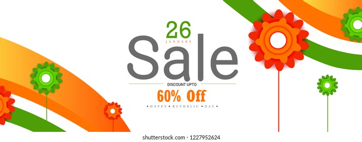 website header design with 60% discount offer, paper flowers decorated on national flag color background. Sale banner or poster design for Happy Republic Day celebration