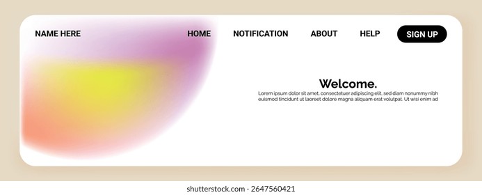 A website header features a blurred gradient of pink, yellow, and orange on the