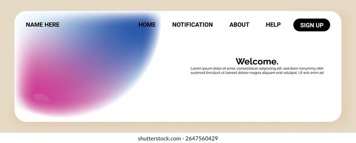 A website header features a prominent gradient blending from pink to blue on the 