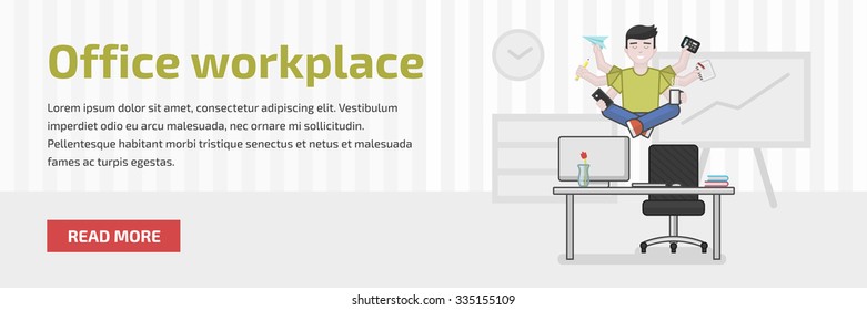 Website header flat illustration of meditating multitasking office worker, vector illustration