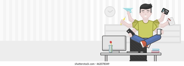 Website header flat illustration of meditating multitasking office worker, vector illustration