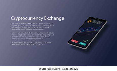 Website header mockup for cryptocurrency exchange with realistic isometric smartphone with stock chart and bitcoin icon on screen. Vector EPS10.