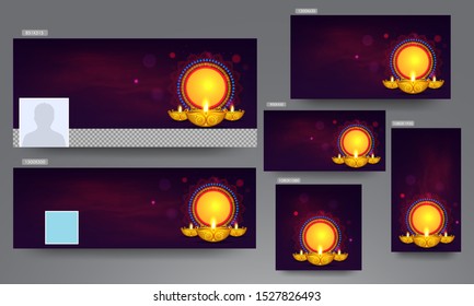 Cabecera de sitio web, afiche y diseño de plantilla con lámparas de aceite iluminadas (Diya) sobre fondo de humo morado y marco circular en blanco dado para tu mensaje.