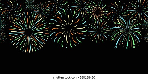 Website header or seamless horizontal banner with festive colorful fireworks on black background