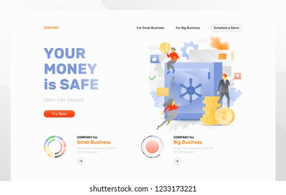 Website header template with big metaphoric safe surrounded by tiny people characters, paper money, credit card and coins. Vector illustration concepts for web and app development 