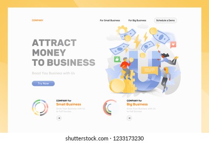 Website header template with big metaphoric magnet surrounded tiny people characters, paper money and coins. Vector illustration concepts for web and app development 