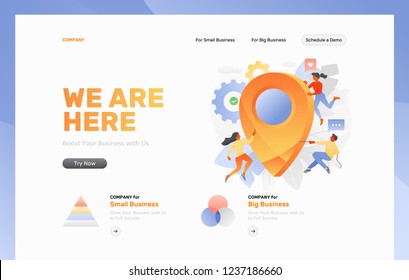 Website header template with big metaphoric map pin surrounded by tiny people characters, cogwheels and leaves. Vector illustration concepts for web and app development 