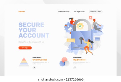 Website header template with big metaphoric padlock surrounded by tiny people characters, cogwheels and leaves. Vector illustration concepts for web and app development