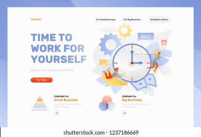 Website header template with big metaphoric clock face surrounded by tiny people characters, paper money and coins. Vector illustration concepts for web and app development 