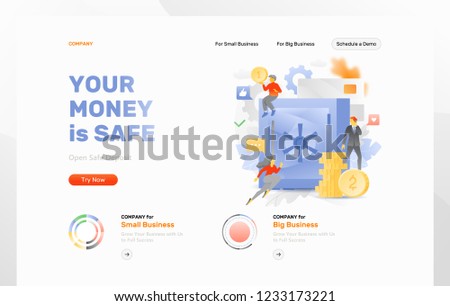 Website header template with big metaphoric safe surrounded by tiny people characters, paper money, credit card and coins. Vector illustration concepts for web and app development 