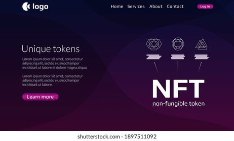 Website-Header-Vorlage für NFT nicht fungible Token mit Infografiken einzigartigen Münzen auf dunklem Hintergrund. Bezahlen Sie einzigartige Sammlerstücke in Spielen oder Kunst. Vektorgrafik.
