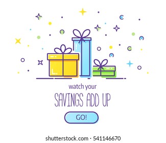 Website Header Vector Template With Gift Boxes. Cute Illustration Of Gift Box Present, Greeting, Surprise.