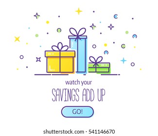 Website header vector template with gift boxes. Cute illustration of gift box present, greeting, surprise.