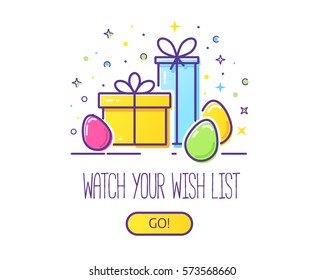 Website header vector template with gift boxes and easter eggs. Easy to use business template. Cute illustration of gift box present, greeting, surprise.