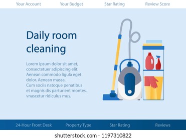 Website header vector template with logo for cleaning service of hotel or apartments. Flat design icon vacuum cleaner, detergent, basket, gloves, rag.